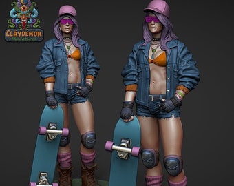 Claydemon Miniatures - Skater Girl / 3D miniature for wargaming and tabletop, DnD, Modern Times, 80s