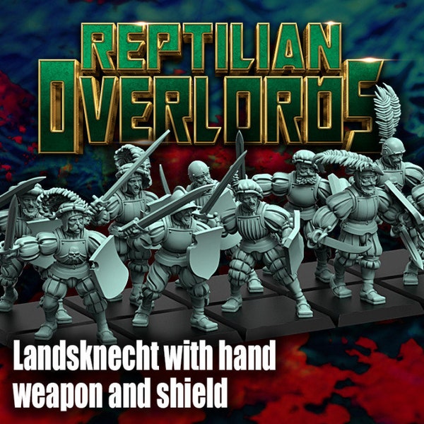 Reptilian Overlords - Holy Reptilian Empire "Landsknecht with Hand Weapon and Shield" / 3D Miniatures Set for Tabletop, Fantasy, DnD