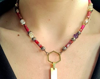 Statement Pendant Chocker Charm Necklace Handmade Jewelry Pompeii Red Jasper Hematite Volcanic Lava Stone Unique Design Best Gift for Women