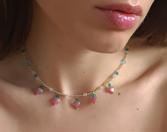 Rose Quartz Necklace Pink Heart Pendant Czech Crystal Elegant Gemstone Collier Handmade Bead Chocker Dainty Love Spring Cute Womens Day Gift