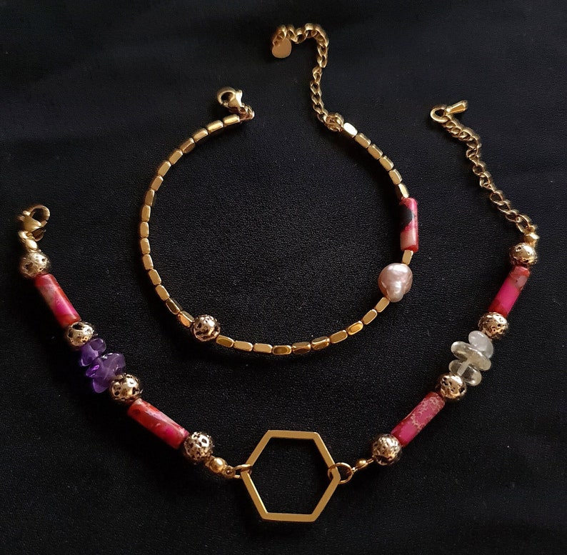 Set Handmade Jewelry Necklace Bracelet Hoop Earrings Pompeii Red Gold Lava Pearl Gemstone Statement Unique Design Gorgeous Gift Mother's Day 2 Bracelets