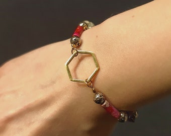 Exclusive Hexagon Bracelet Handmade Jewelry Pompeii Red Jasper Cylinder Lava Stone Unique Design Statement Jewelry Gorgeous Gift for Women