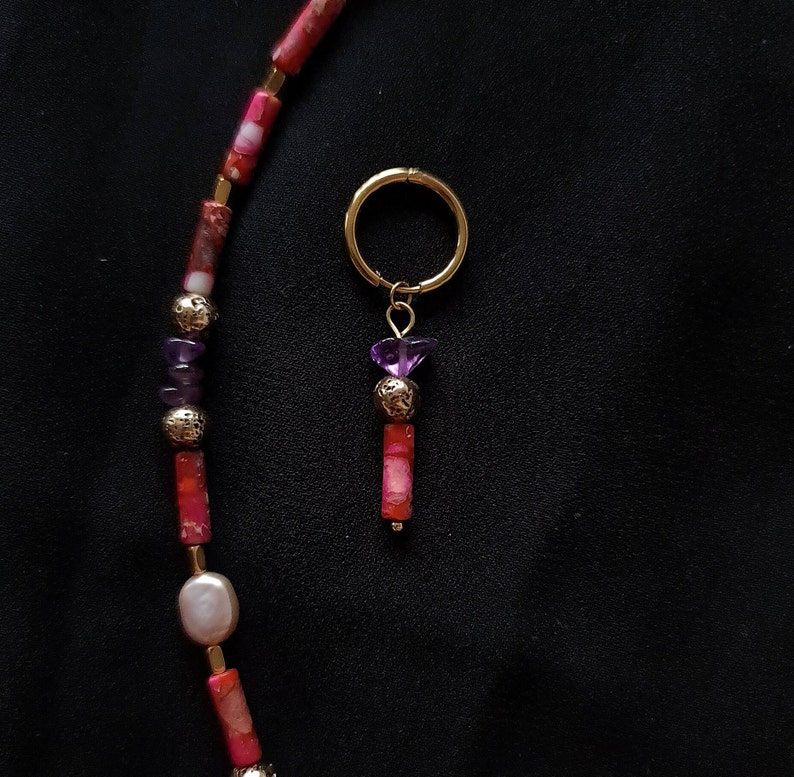 Set Handmade Jewelry Necklace Bracelet Hoop Earrings Pompeii Red Gold Lava Pearl Gemstone Statement Unique Design Gorgeous Gift Mother's Day zdjęcie 7