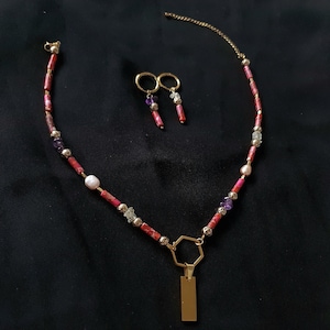 Set handgemaakte sieraden ketting armband oorbellen Pompeii oude rode jaspis lavasteen uniek ontwerp statement sieraden prachtig cadeau voor haar Chocker+Hoops
