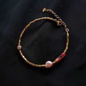 Set Handmade Jewelry Necklace Bracelet Hoop Earrings Pompeii Red Gold Lava Pearl Gemstone Statement Unique Design Gorgeous Gift Mother's Day Gold Bracelet