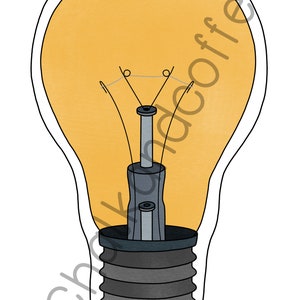 May include: A yellow light bulb with a black and silver base. The bulb is lit and has a white filament inside.