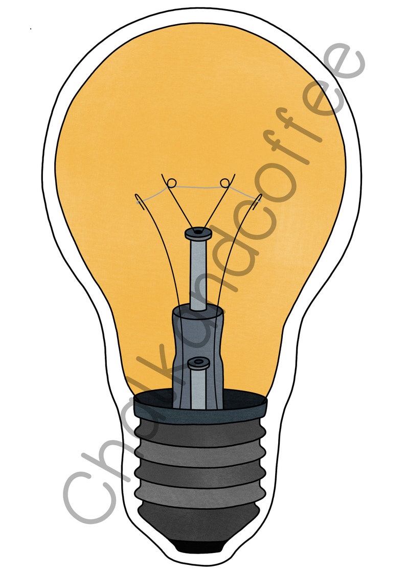 May include: A yellow light bulb with a black and silver base. The bulb is lit and has a white filament inside.