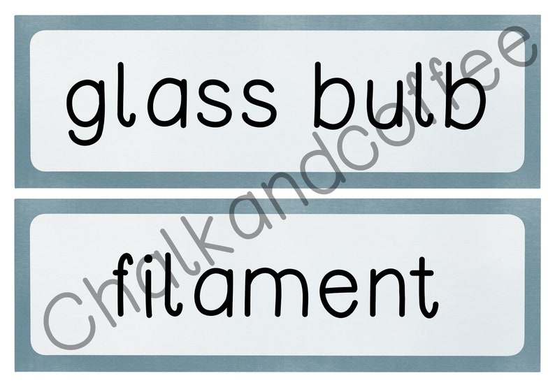 May include: Two white labels with blue borders. The top label says "glass bulb". The bottom label says "filament".