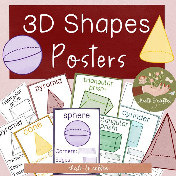 3D Shapes Posters & Worksheets - Classroom Decor Shape Recognition - Math Printable Geometric Shapes Geometry Resource Homeschooling