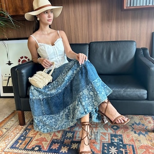 Indigo Cotton Maxi Skirt Boho Layered Long Skirt  Elastic Waist Festival Skirt 100% Cotton Bohemian Skirt Cotton Patch Skirt for Women