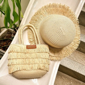 Set mini strozak en hoed handgeweven strozak zomer strandtas stro handtas met franje bescherming hoed pet boho tas cadeaus voor haar zomeroutfit