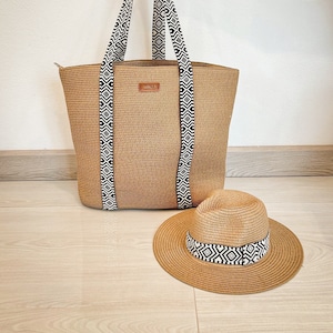 Set tas en hoed handgeweven zomertas draagtas met geometrisch patroon boho strandset zonbescherming hoed veelzijdige zomerdraagtas vakantietas