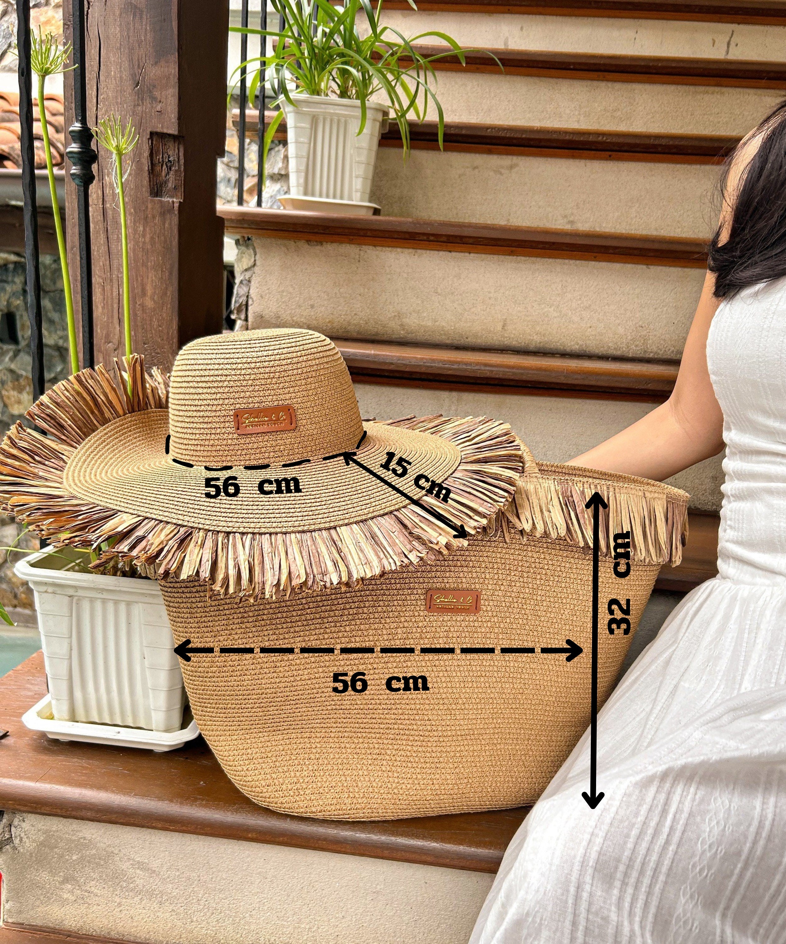 Large Straw Beach Bag and Hat Set Women\'s Summer Resort Accessories Straw Hat Carrying Large Tote / Tan - Merrilee main image 2