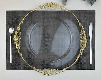 Platos de carga dorados de plástico de primera calidad, 6 piezas, decoración de mesa de 13 pulgadas, cargadores de boda para cena, en platos de carga plateados y transparentes para bodas