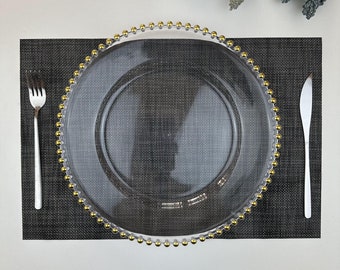 Platos de carga dorados de plástico de primera calidad, 6 piezas, decoración de mesa de 13 pulgadas, cargadores de boda para cena, en platos de carga plateados y transparentes para bodas