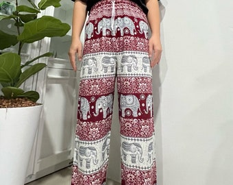 Pantalon éléphant rouge de fabrication thaïlandaise 2 poches, jambes ouvertes, les femmes peuvent le porter, les hommes peuvent bien les porter.