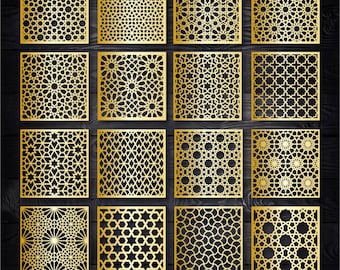 16 Arabic geometric patterns, square panels set, Islamic traditional ornament, wood coasters, CNC Plazma files svg dxf cdr png pdf eps.