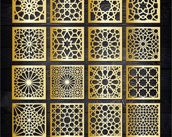16 sierpanelen, vierkante islamitische geometrische patronen, onderzetters in Arabische en Marokkaanse stijl, CNC Plazma-bestanden svg dxf cdr png pdf eps.