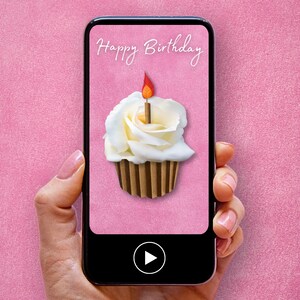 Cartão de aniversário PERSONALIZADO, download digital, vídeo animado, cartão eletrônico móvel, Rose Cupcake
