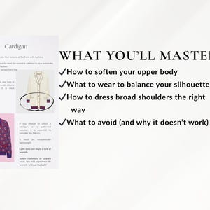 Könnte beinhalten: Eine Seite mit Text und Bildern über Strickjacken. Der Text enthält "Cardigan" und "WHAT YOU'LL MASTER" mit Aufzählungspunkten. Gezeigt werden zwei Bilder von Strickjacken, eine cremefarbene und eine lila.