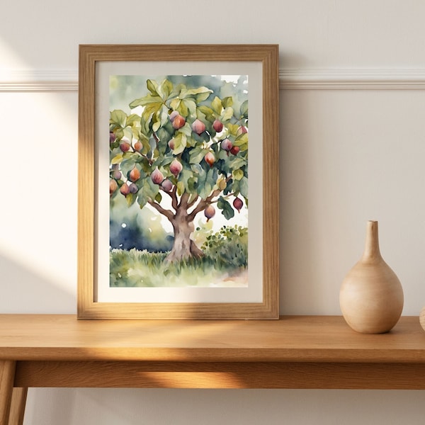 Fruitful Fig Tree watercolor print, wall art decor, botanical plant painting, kitchen living room, Fall bloom season vintage wall art