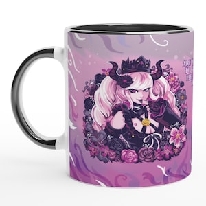 May include: White ceramic mug with a black interior and handle. The mug features a detailed illustration of a female anime character with pink hair, horns, and a crown, surrounded by flowers. The mug has the text "ARE YOU TO ENJOY LIFE?"