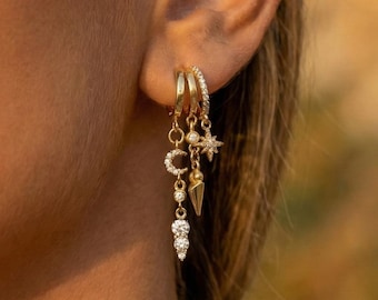 Triple huggie celestial earrings Star moon earring Gold charm Hypoallergenic Hoop Ear jewelry