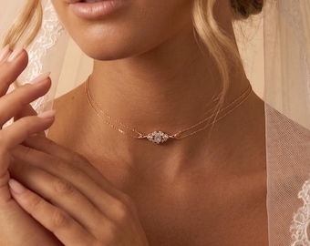 Gargantilla de boda delicada, gargantilla para damas de honor, collar de doble cadena con diamantes CZ, joyería nupcial