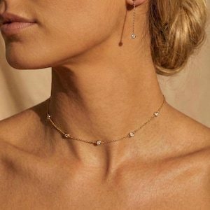 Diamonds choker dainty necklace station Simulated diamond Rosegold CZ Everyday Bridesmaid Gift for Her
