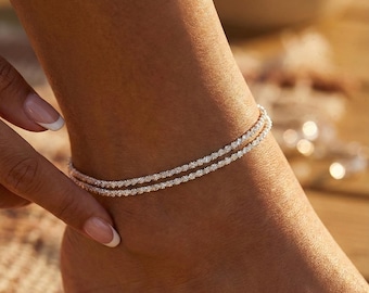 Pulsera de tobillo de plata Delicada cadena de CZ resistente al agua Juego de tobilleras en capas para playa Joyería de lujo
