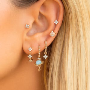 Gold earring set, Opal piercings set, Dainty cz stud multiple, Fairycore, Saturn, Bestfriend jewelry