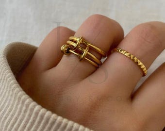 Triple ring, Tarnish free, Dainty thin band interlocking, Gold connected ring, Minimalistic jewelry for Her