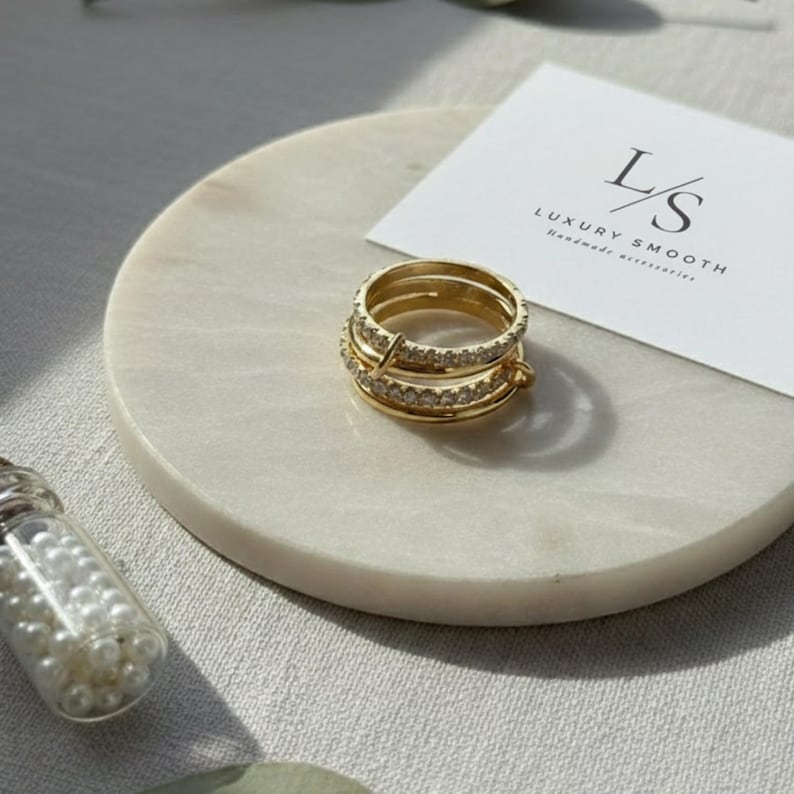 Linking rings interlocking, Multi-band ring layer, Cz gold bands chunky, Dainty thin, Luxurious gift for Her image 9