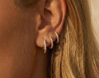 CZ Huggie earrings stack hoops set Pave CZ hoop Helix huggies Cartilage Sterling Ear piercing set
