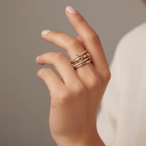 Linking rings interlocking, Multi-band ring layer, Cz gold bands chunky, Dainty thin, Luxurious gift for Her image 3