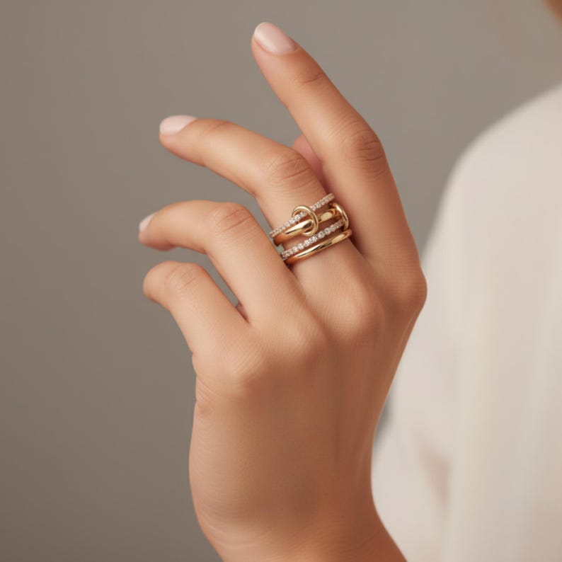 Linking rings interlocking, Multi-band ring layer, Cz gold bands chunky, Dainty thin, Luxurious gift for Her image 3