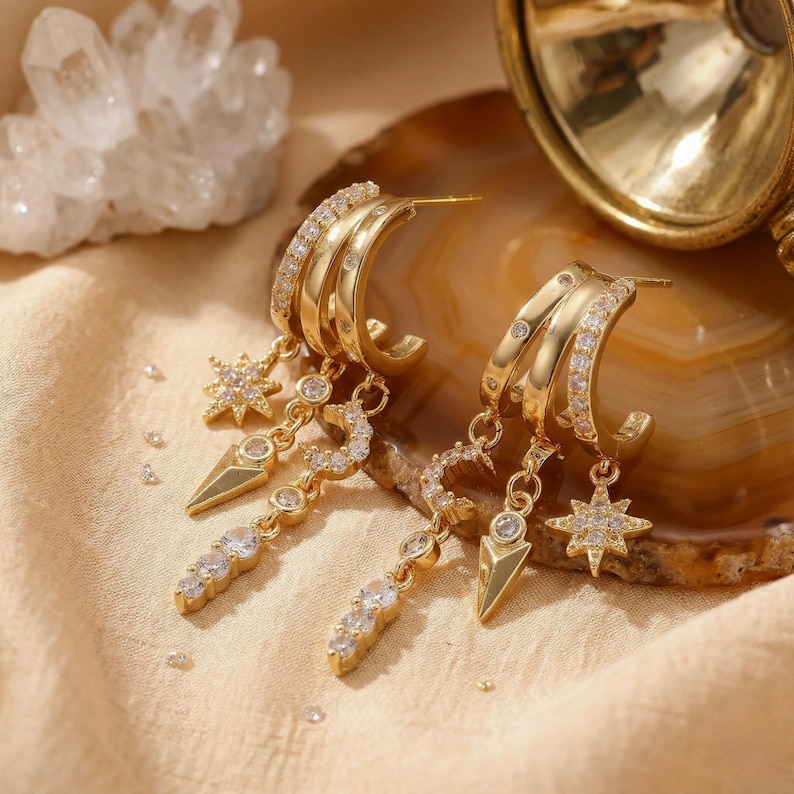 Star moon earring Celestial hoop huggie set Gold charm Hypoallergenic Triple Ear jewelry image 4
