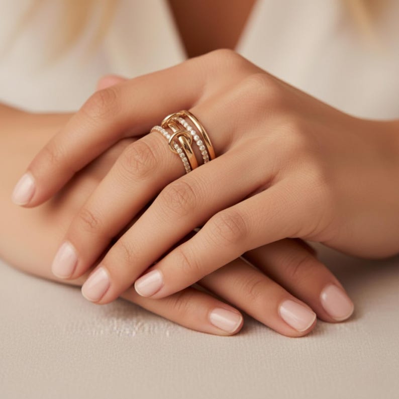 Linking rings interlocking, Multi-band ring layer, Cz gold bands chunky, Dainty thin, Luxurious gift for Her image 1