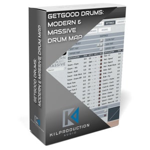 May include: A gray box with the text "Getgood Drums: Modern & Massive Drum Map" on the front. The box shows a drum map with various drum sounds and articulations, including kick, snare, hi-hat, ride, crash, and toms. The box also includes a settings menu with options for groove, rooms, mappings, clear map, save map, and export map.