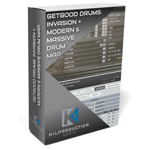 May include: A box for Getgood Drums: Invasion + Modern & Massive Drum Map software. The box is gray with a black and white image of a drum set. The text on the box is white and black. The box is a product from Kilproduction Audio.