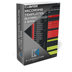 Op de afbeelding: Een doos met een grijze achtergrond en een zwart-wit logo voor Kilproduction Audio. De doos is gelabeld "Cubase Recording Templates: Guitars & Bass". De afbeelding toont een screenshot van een Cubase-project met meerdere audiotracks.