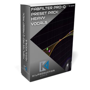 May include: A box for a Fabfilter Pro-Q preset pack for heavy vocals. The box is gray with a black and white graphic of an equalizer with a yellow line and colored dots. The text on the box reads "Fabfilter Pro-Q Preset Pack: Heavy Vocals" and "Kilproduction Audio".