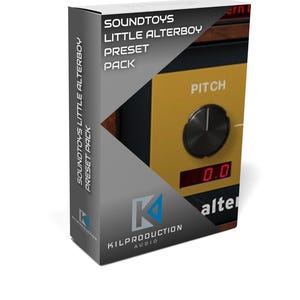 May include: A product box for Soundtoys Little AlterBoy Preset Pack. The box is gray with a diagonal design and features the text "SOUNDTOYS LITTLE ALTERBOY PRESET PACK." A yellow panel displays a pitch control and a digital readout.