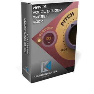 May include: A red and gray box with the text "Waves Vocal Bender Preset Pack" and a graphic of a knob labeled "Pitch" with a dial set to -1200. The box also features a smaller knob labeled "Flatten" with a checkmark and the text "D3". The box is from Kilproduction Audio.