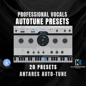 以下が含まれることがあります： 「PROFESSIONAL VOCALS AUTOTUNE PRESETS」のテキストが表示されたデジタルオーディオワークステーションインターフェースの画像。インターフェースには、ノブ、スライダー、キーボードがあり、下部には「20 PRESETS ANTARES AUTO-TUNE」のテキストがあります。