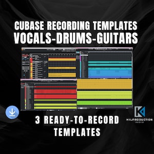 May include: Image advertising Cubase recording templates for vocals, drums, and guitars. The image shows a Cubase interface with colourful tracks. Text on the image reads "3 Ready-to-Record Templates" and "KILPRODUCTION AUDIO". A download icon is also present.