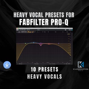 May include: A screenshot of the FabFilter Pro-Q interface, displaying a yellow and blue waveform. Text states "HEAVY VOCAL PRESETS FOR FABFILTER PRO-Q" and "10 PRESETS HEAVY VOCALS". A blue download icon is visible.