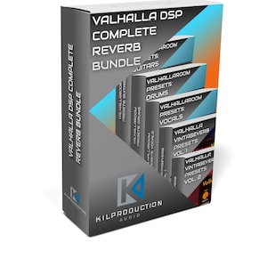 Op de afbeelding: Een boxset met Valhalla DSP reverb-presets voor muziekproductie. De boxset bevat presets voor drums, zang, gitaren en vintage reverb. De doos is grijs met een blauwe en oranje gradiënt aan de voorkant. De tekst "Valhalla DSP Complete Reverb Bundle" staat op de voorkant van de doos.