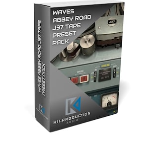 Puede incluir: Una caja para el paquete de presets Waves Abbey Road J37 Tape, con una grabadora de cinta vintage con el texto "J37" en la parte delantera. La caja es gris con un logotipo azul y blanco para Kilproduction Audio.