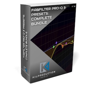 Könnte beinhalten: Eine Box mit grauem Hintergrund und einer Grafik einer Frequenzgangkurve. Der Text "FABFILTER PRO-Q 3 PRESETS: COMPLETE BUNDLE" befindet sich auf der Box. Der Text "KILPRODUCTION AUDIO" befindet sich am unteren Rand der Box.